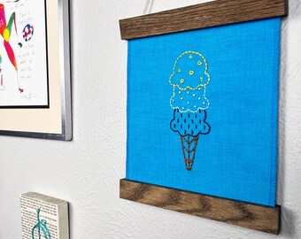 Bright Blue Fabric Wall Hanging- Hand Embroidered Ice Cream Cone