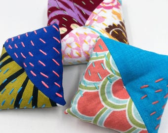 Multicolored Repurposed Pincushion with Sashiko Stitching- Square Pillow