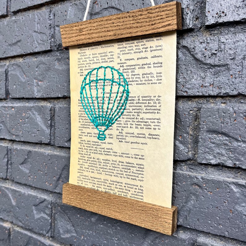 Wall Hanging Vintage Book Page With Hand Embroidered Hot Air Balloon Etsy