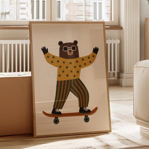 Skateboarding Bear Nursery Wall Art – Gender-Neutral Playroom Decor, Whimsical Animal Print, Digital Download for Toddler Room Cute Poster