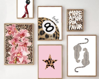 Leopard Wall Art Set of 6 Prints – Trendy Cheetah, Lucky 8 Ball & Retro Dorm Print, Pink, Digital Download, Dorm Print, Apartment Poster
