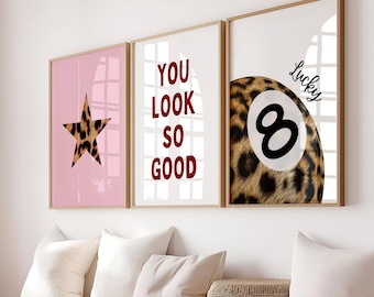 Set of 3 Leopard Prints, Lucky 8 Ball Cheetah Poster, Preppy Funky Y2K Aesthetic Apartment Decor, Vintage Girly Pink Bedroom Wall Art