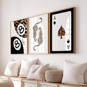 Lot de 3 cartes à jouer léopard As de pique, piscine à 8 balles, impression balles de billard, poster d'art 8 balles porte-bonheur, art mural guépard