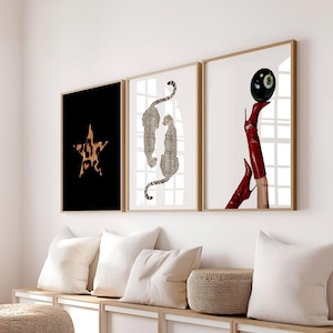 Set of 3 Leopard Cheetah Wall Art Print, Maximalist Dopamine Decor, 8 ball wall decor red boots pool aesthetic trendy prints dorm print