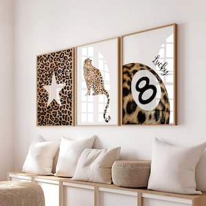 Set of 3 Leopard Wall Art Prints | Aesthetic Cheetah Decor | Maximalist Dopamine Room Art | Lucky 8 Ball Retro Print | Digital Download