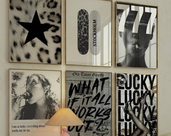 Retro Trendy Wall Art Print Gallery Set of 6, Y2K Maximalist Black and White Dorm Decor, Vintage Poster, Girly Aesthetic Digital Download
