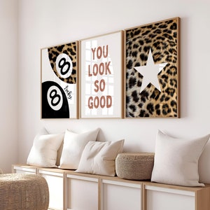 Set of 3 Leopard You Look So Good Prints, Lucky 8 Ball Cheetah Poster, Trendy Y2k Cheetah Print, Unique Art, Maximalist Aesthetic Room Decor