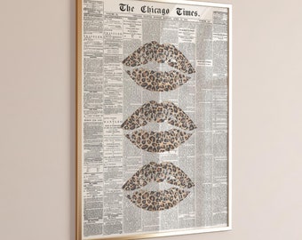 Trendy Leopard Print, Retro Star Girl Poster, Funky Y2K Aesthetic Apartment Decor, Vintage Girly Pink Cheetah Bedroom Wall Art Lips art