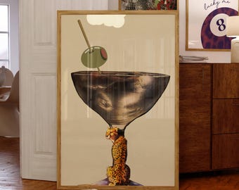 Leopard Martini Hand-Drawn Illustration Wall Art Print - Digital Download