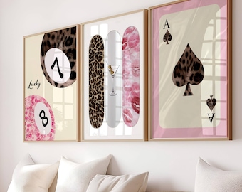 Skateboard Preppy 8 Ball Print Retro Wall Art, Y2K Wall Decor, Trendy Dorm Decor, Pink and Leopard Print,  Bedroom Poster, Instant Download