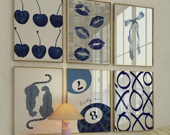 Preppy Wall Gallery – Set of 6 Navy and Blue Posters, 8 Ball Print, Trendy Dorm Room or Bedroom Decor, Cherry Leopard Digital Download”