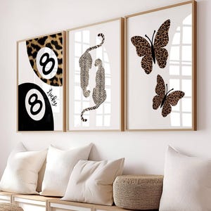 Leopard Gallery Set of 3 Wall Art Print Poster, Digital Download, 8 ball lucky pool poster, Trendy Cheetah Decor, Funky y2k Apartment print