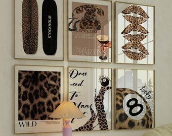 Trendy Leopard Wall Art Bundle, Set of 6 Trendy Posters, Skateboard Y2K Aesthetic Fashion Prints, 8 Ball Print Lucky Cheetah Decor Apartment