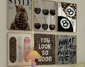 Set of 6 Leopard  Cheetah Wall Art Prints – Y2K Retro Posters, Lucky 8 Ball & Cherry Style Fashion Stockholm Newspaper Digital Download