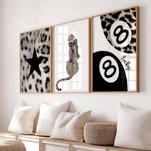 Trendy Set of 3 Leopard Cheetah Wall Art Print, 8 Ball Poster, Leopard Poster, How lucky are we, Black and white, Y2K Gallery Set, Download
