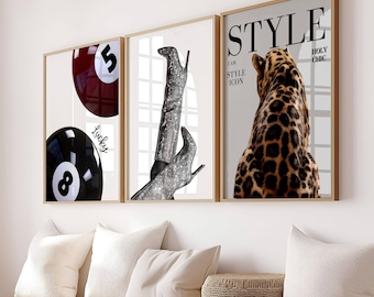 Trendy Wall Art Set of 3 – Retro Leopard Print, Cheetah Aesthetic Poster, Lucky 8 Ball Pool Artwork, Y2K Girly Fashion Icon Dorm Apartment