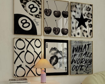 Set of 6 Leopard & Cheetah Wall Art Prints – Y2K Retro Posters with Lucky 8 Ball, Cherry, and Retro Kiss Designs, Black and White Download