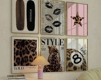 Leopard and Cheetah Wall Art Set of 6, Y2K Retro Fashion Posters, Lucky 8 Ball & Cherry Prints, Stockholm Skateboard Newspaper Digital Decor