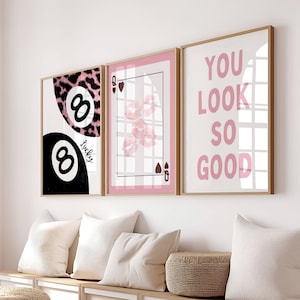 Set of 3 Aesthetic Wall Art,  Cute Pink room decor, Girly Y2K Dorm Decor Wall Print Poster Lucky ball 8 Poster Preppy room decor, Download