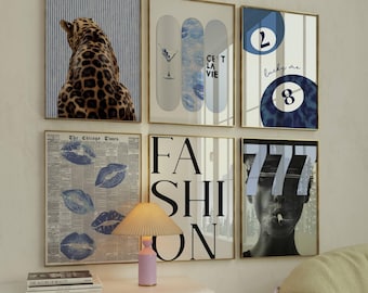 Set of 6 Blue Navy Wall Art Prints – Preppy Aesthetic Gallery Posters, Leopard Cheetah, Newspaper 777 8 Ball Retro Art for Dorm or Bedroom
