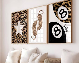Set of 3 Leopard wall art print, leopard wall art set, Cheetah Trendy prints, leopard 8 ball print, Y2K Gallery Set, Lucky 8 Ball Decor Art