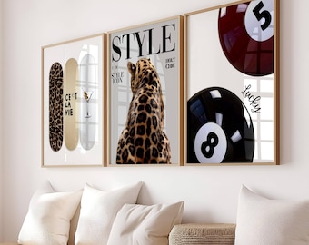 Trendy Style Wall Art Gallery, Set of 3 Leopard Cheetah Wall Print Decor, 8 ball lucky pool ball poster, Martini Cest la vie Skateboard Art,