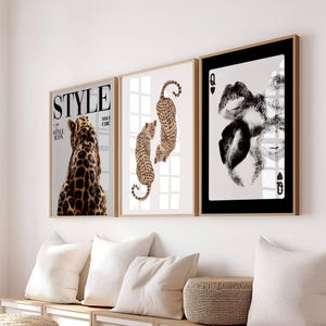 Maximalist Leopard Set of 3 Wall Art Print, Cheetah wall decor poster digital download, Playing card retro kiss, Style fashion magazine
