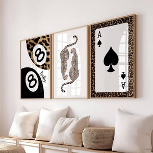 Set of 3 Leopard Cheetah Wall Art Print, Ace of Spade Wall Decor, 8 pool ball lucky print, Maximalist art set, Y2k Gallery, Dopamine Decor