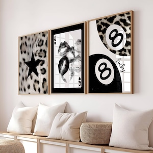 3er Set Ästhetischer Kunstdruck, Leoparden Stern Schwarzweiß-Poster, Spielkarte Kuss, 8 Ball Glücks Leopard Gepard trendige Drucke