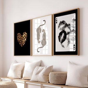 Trendy Set of 3 Leopard Cheetah Wall Art Print, Retro Kiss Playing Card Print, Maximalist Wall Decor, Aesthetic Poster Digital Download