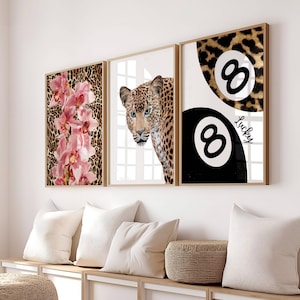 Leopard Gallery Set of 3, Lucky Ball Print, 8 pool ball wall art, Cheetah Luxury Girly Decor, Floral Wild flower Art, Y2k Room Download