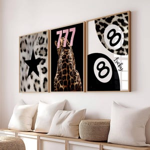 Set of 3 Trendy Y2K Leopard Posters, Cheetah Chic Wall Art, 777 Fashion Quote Prints, Retro Room Decor, 8 ball lucky Digital Download