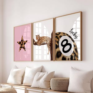 Set of 3 Leopard wall art print, Cheetah Trendy prints, Y2K Gallery Set, Lucky 8 Ball Decor, Aesthetic Maximalist Girly Dorm Wall Apartment