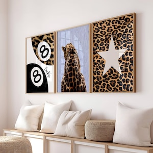 Gallery Set Of 3 Leopard Style Print, Trendy Y2k Dorm Decor, Cheetah maximalist wall art decor, 8 Ball pool ball print, How lucky are we