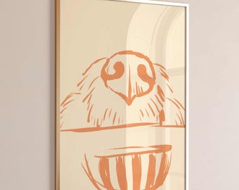 Sneaky Whimsical Dog  Poster – Abstract Kitchen Wall Art, Playful Hand Written Breakfast Print, Cute Animal Diner Decor, Digital Download