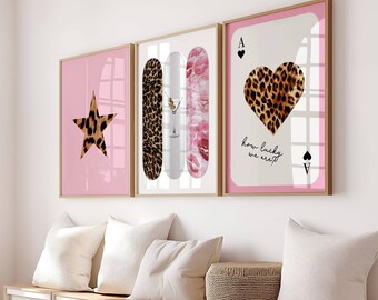 Set of 3 Y2k Aesthetic Preppy Pink Ace of Heart How lucky are we Skateboard Leopard Martini Retro Cute Cheetah Apartment Dorm Decor