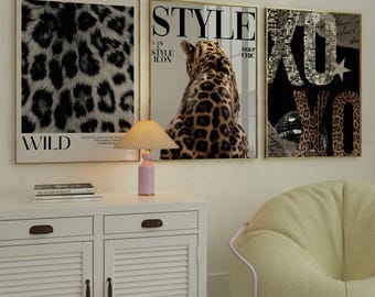 Set of 3 Leopard Prints – Y2K Girly Wall Art, Wild & Xoxo, Trendy College Apartment Decor, Magazine Style Maximalist Instant Download