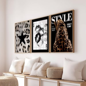 Set von 3 Schwarz-Weiß-Leoparden Wandkunst, Spielkarte Druck, Cheetah Chic Dekor, ästhetischen Maximalist Mode-Stil Girly Drucke Download