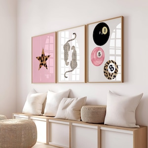 Trendy Set of 3 Leopard Wall Art Print, Cheetah Wall poster, 8 Ball lucky pool ball print, Maximalist Aesthetic Digital Download