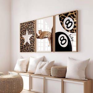 Set of 3 Leopard Wall Art Print, Cheetah Wall Decor, Aesthetic Girly dorm decor, 8 ball lucky, Pool ball print, Maximalist Print, Digital