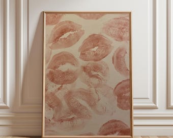 Retro Kiss Wall Art – Vintage Beige Print, Aesthetic Y2K Lips Poster, Romantic Bedroom Decor, Maximlaist Girly Aesthetic Digital Download