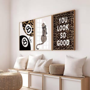 Trendy 3er Set Leopard & Cheetah Wand Kunst Drucke, Lucky 8 Ball Poster, Schwarz und Weiß Y2K Galerie Wand Set, You look so good