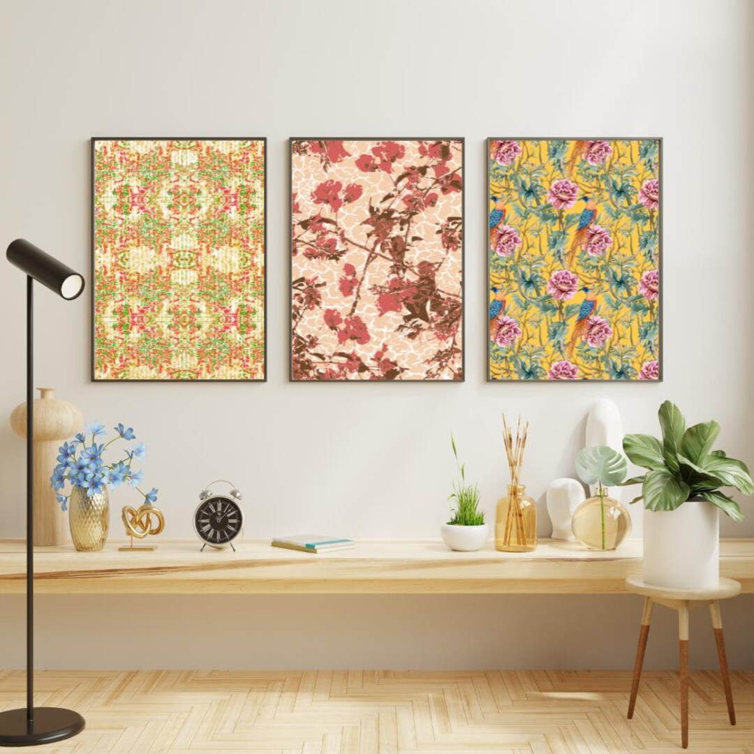 3 Floral Pattern Chinoiserie Prints Blue and White Botanical Decor ...