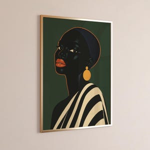 Elegant Afro Woman Wall Poster, Green Earth Tone Printable Art, Modern African American Home Decor Bold Melanin Beauty Black Art Decor Print
