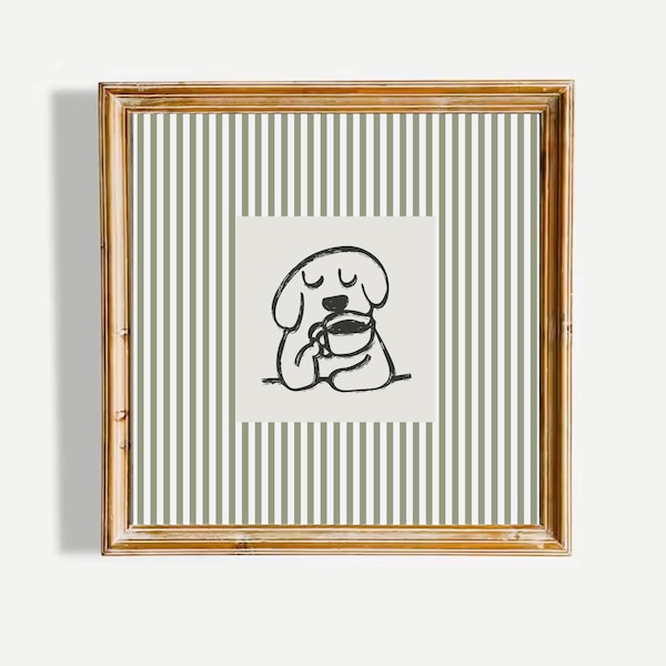 Minimalist Coffee Dog Wall Art Cute Puppy Kitchen Decor Sage Green Striped Aesthetic Pet Lover Poster UNFRAMED Print