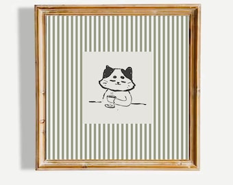 Minimalist Cat Coffee Wall Art Sage Green Kitty Illustration Cozy Cafe Decor Animal Lover Gift Modern Poster UNFRAMED Print
