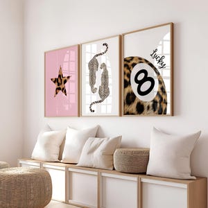 Set of 3 Leopard Print & Lucky 8 Ball Cheetah Posters | Boho Maximalist Dorm Wall Art | Retro Preppy Digital Decor | How lucky are we