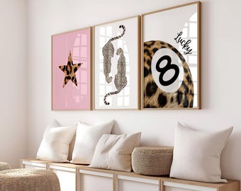 Set of 3 Leopard Print & Lucky 8 Ball Cheetah Posters | Boho Maximalist Dorm Wall Art | Retro Preppy Digital Decor | How lucky are we