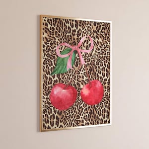 Trendy cherry red leopard wall art print apartment decor, funky aesthetic pink bow coquette cheetah Y2K decor Digital Download