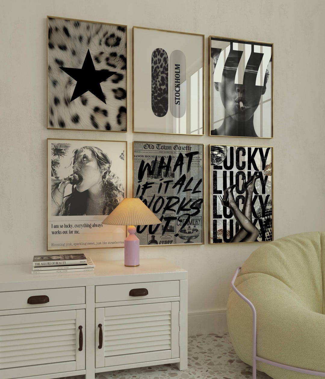 Retro Trendy Wall Art Print Gallery Set of 6, Y2K Maximalist Black and ...